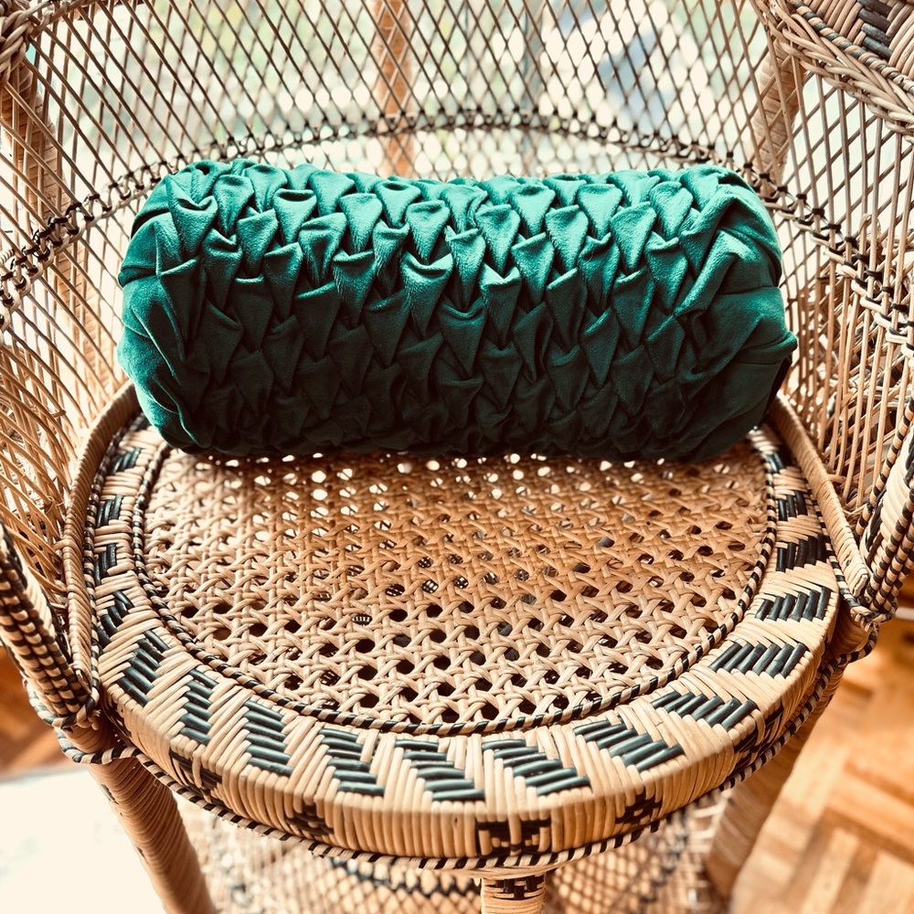 Velvet cylinder shaped emerald green lumbar decorative cushion